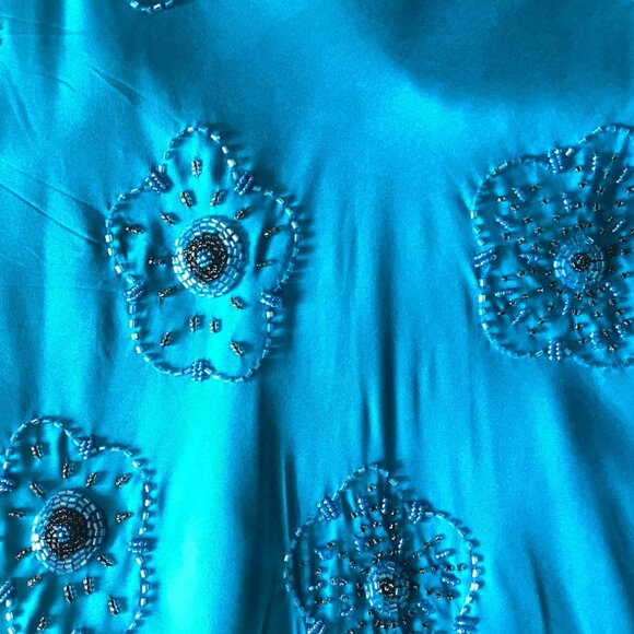 WD.NY Teal Blue 100% Silk Beaded Floral A-Line Skirt Size 12 - Picture 7 of 10